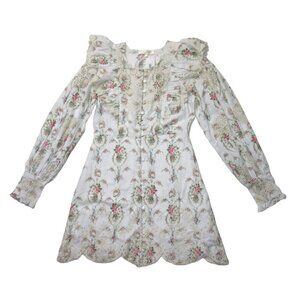 LoveShackFancy White Floral Ruffle Button-Front Mini Dress